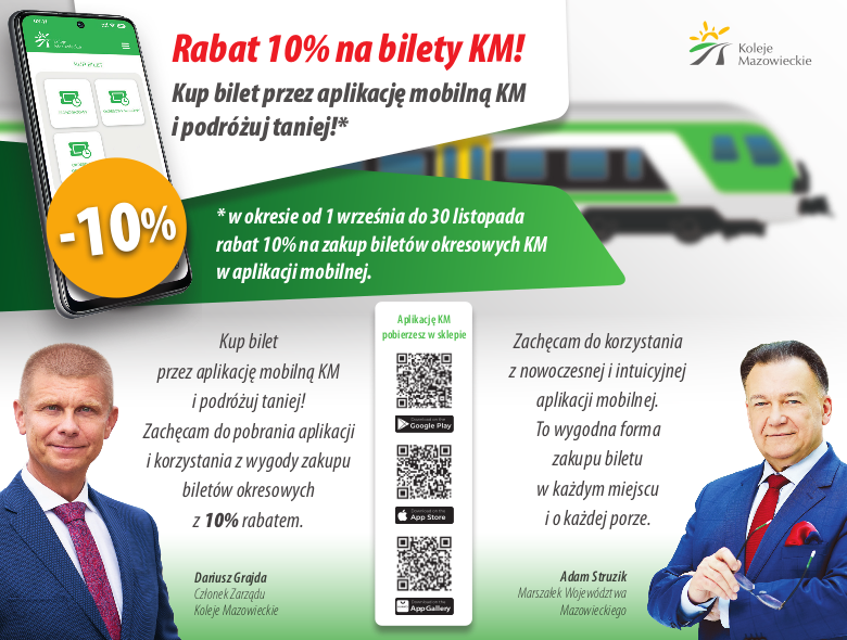 Plakat promujący tańsze bilety Kolei Mazowieckich