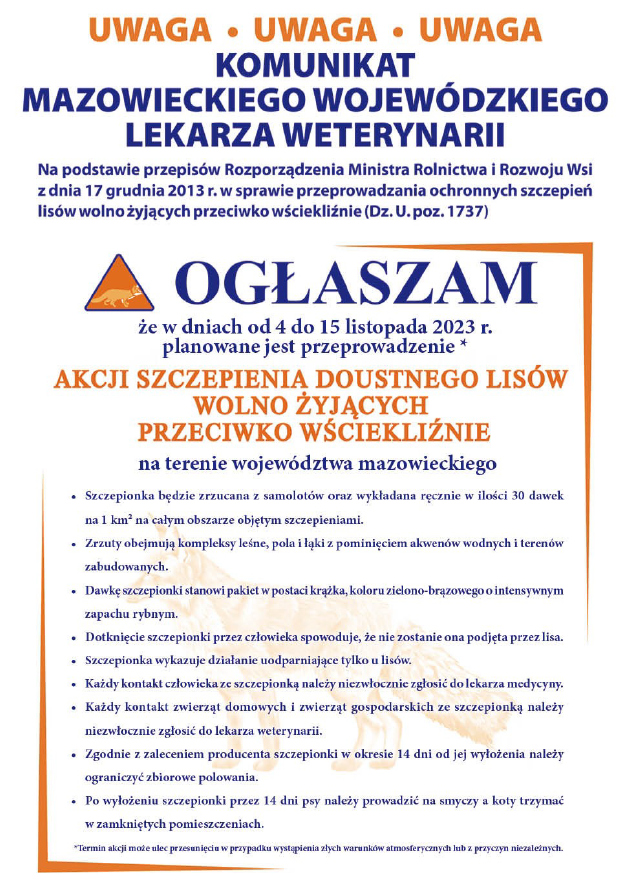 Plakat w sprawie szczepień lisów wolno żyjących przeciw wściekliźnie