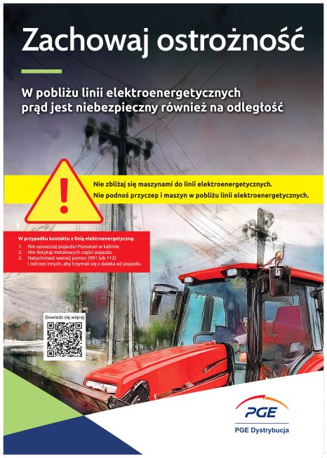 Baner promujący zachowanie ostrożności w pobliżu linii elektroenergetycznych