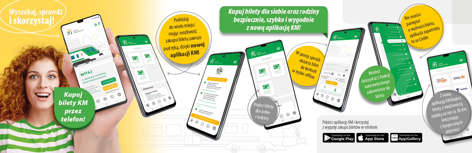 Plakat promujący aplikację mobilną „Koleje Mazowieckie – KM”