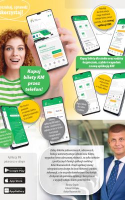 Plakat promujący aplikację mobilną „Koleje Mazowieckie – KM”