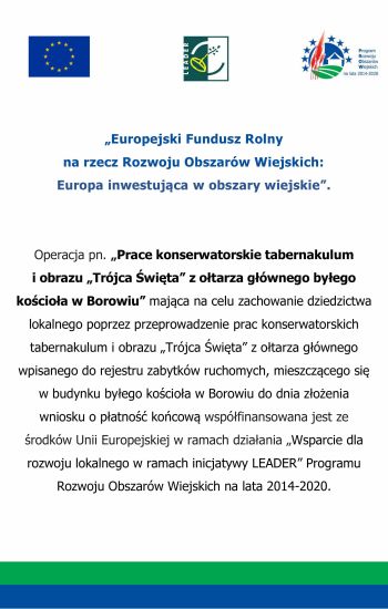 Plakat dot. projektu Prace konserwatorskie tabernakulum i obrazu „Trójca Święta” z ołtarza głównego byłego kościoła w Borowiu