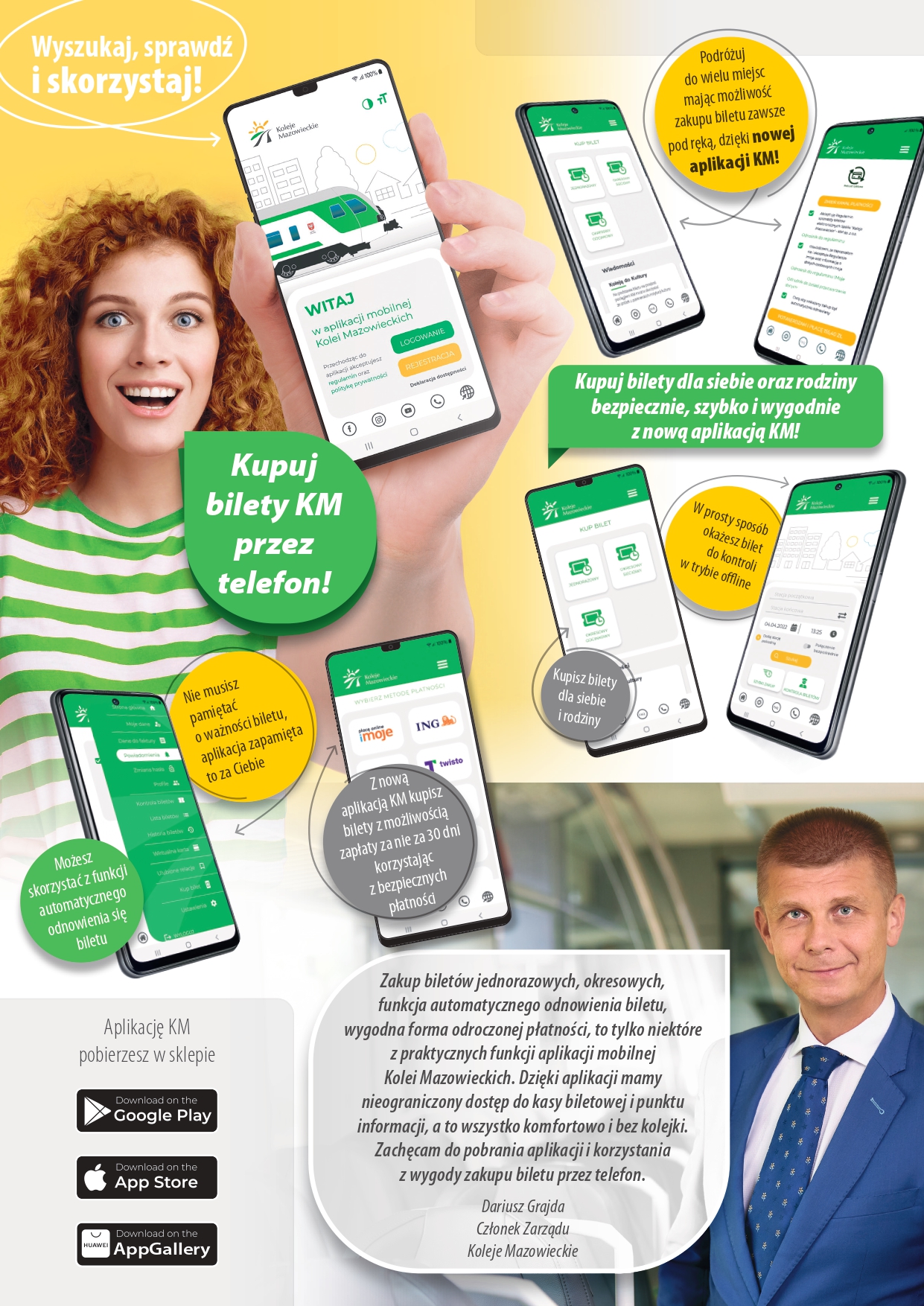 Plakat promujący aplikację mobilna Kolei Mazowieckich