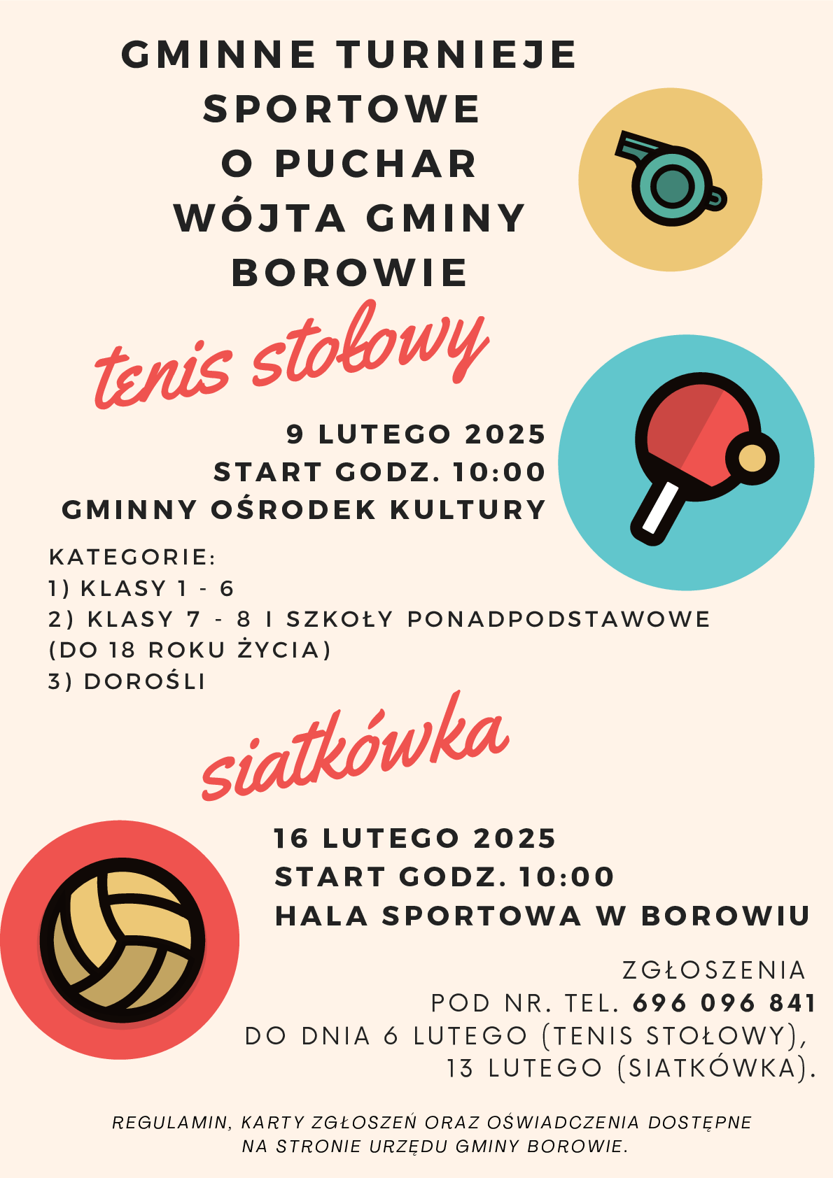 Plakat promujący turniej w tenis stołowy oraz siatkówkę